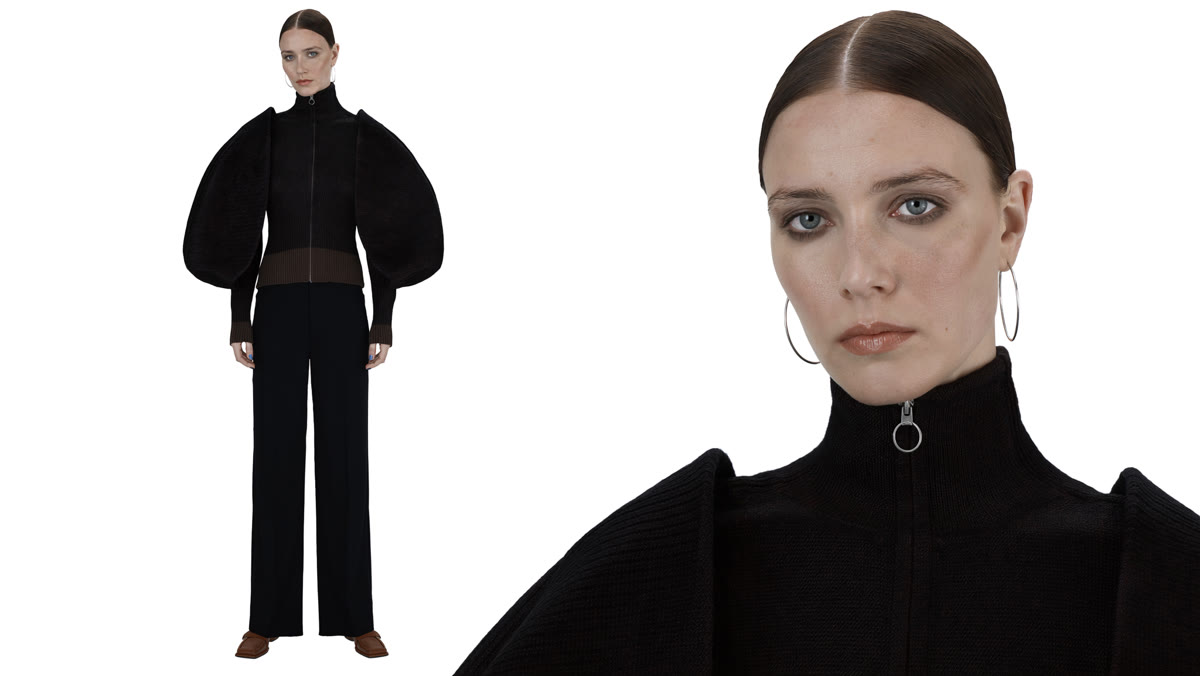 Referenzfoto: die Figur Mira in einem dramatischen schwarzen Look.